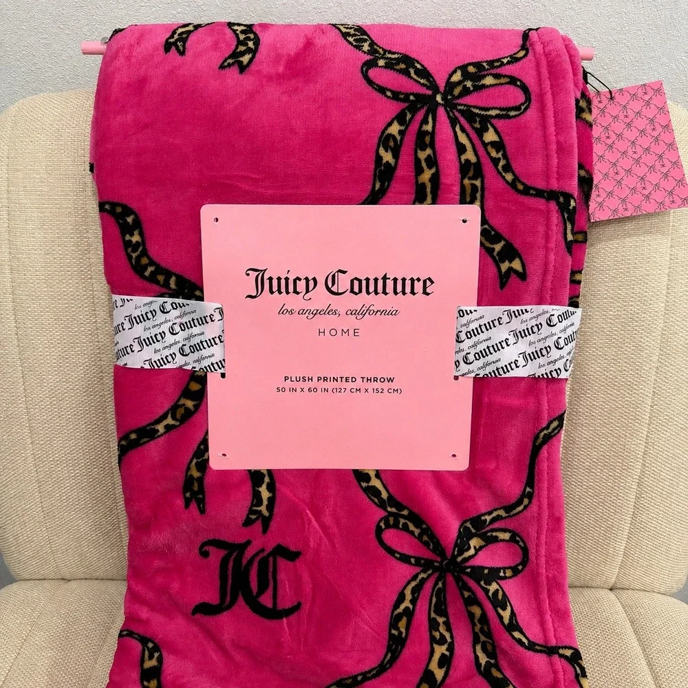 NWT Juicy Couture Home Plush Printed Throw Leopard Print Bows Logo Pink Cheetah